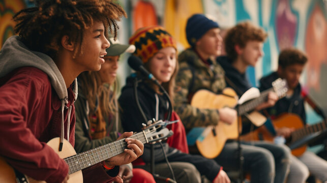 A group of volunteers organizing a community music program to provide music education and opportunities for local youth, with dynamic and dramatic composition, with copy space