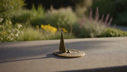 A small, brass sundial in a sunlit garden - obrazy, fototapety, plakaty