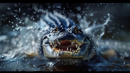 alligator in black background with water splash - obrazy, fototapety, plakaty