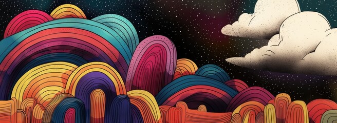 Cartoon rainbow art with clouds