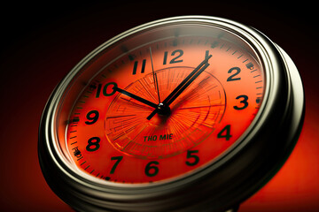 Abstract image of a clock dial on a red background. Time concept. Generated by artificial intelligence