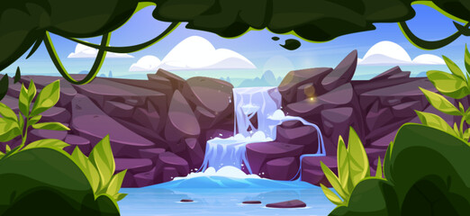 Summer tropical landscape with cascade waterfall in jungle with green trees, bushes and liana vines on shore. Cartoon vector rainforest scenery with river water fountain flowing on rock cliff. - obrazy, fototapety, plakaty