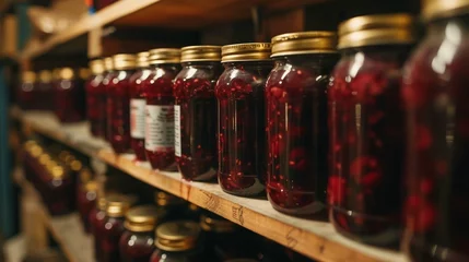 Gardinen Raspberry jam  in glass jar. © usman