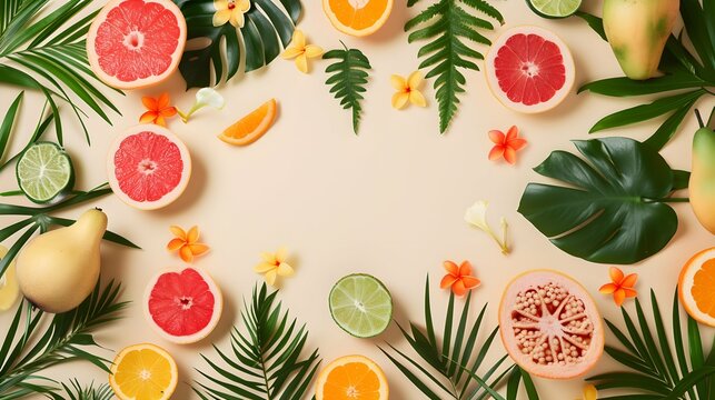 Banner with tropical fruits and flowers on beige background. Flat lay. top view