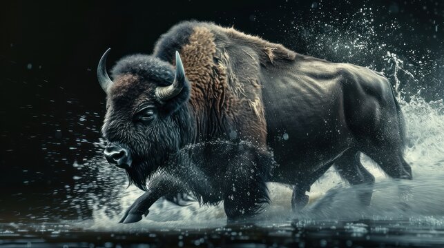 bison displaying strength with water splash