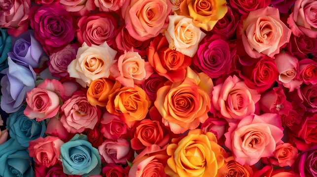 Background made out of a fantasy miracle multi colors bed of roses colorful roses background