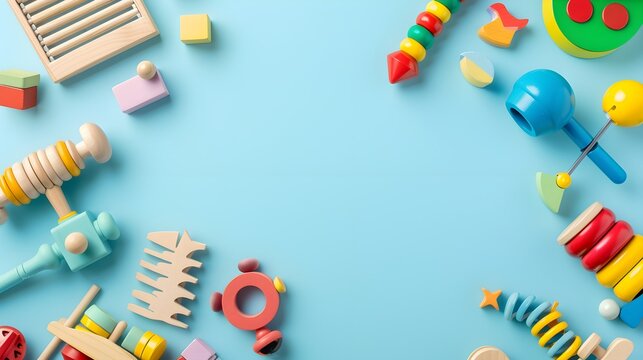Baby kids toys on light blue background. Colorful educational wooden and musical toys. Top view, flat lay
