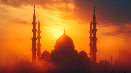 Mosques dome on dark blue twilight sky and crescent moon on background symbol islamic religion, generative ai