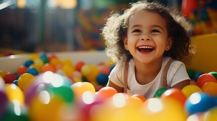 A close-up portrait of a laughing little girl having fun in an inflatable pool with colorful balloons at a birthday party at a children's amusement park. - obrazy, fototapety, plakaty