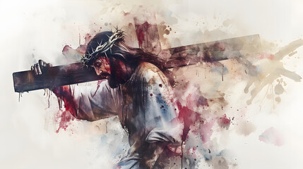 Jesus takes up his Cross. Digital watercolor painting - obrazy, fototapety, plakaty