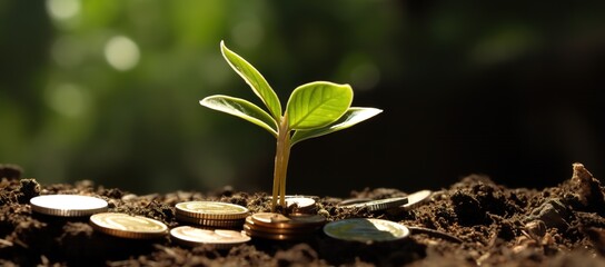 Plants growing with stacks of gold coins, continuous growth, long term investment - obrazy, fototapety, plakaty