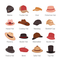 Mens Hats or Headdresses Vector Set Colored
