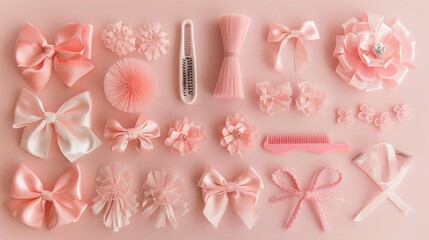 Set of baby girl hair accessories. Fashion hair bows, hair brush, hair clips, hairpins and hair elastics. Hairstyles for girls with stylish accessory.