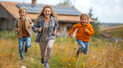 Solar cell. Happy family running near their house with solar panels on roof. Alternative energy, saving resources and sustainable lifestyle concept.