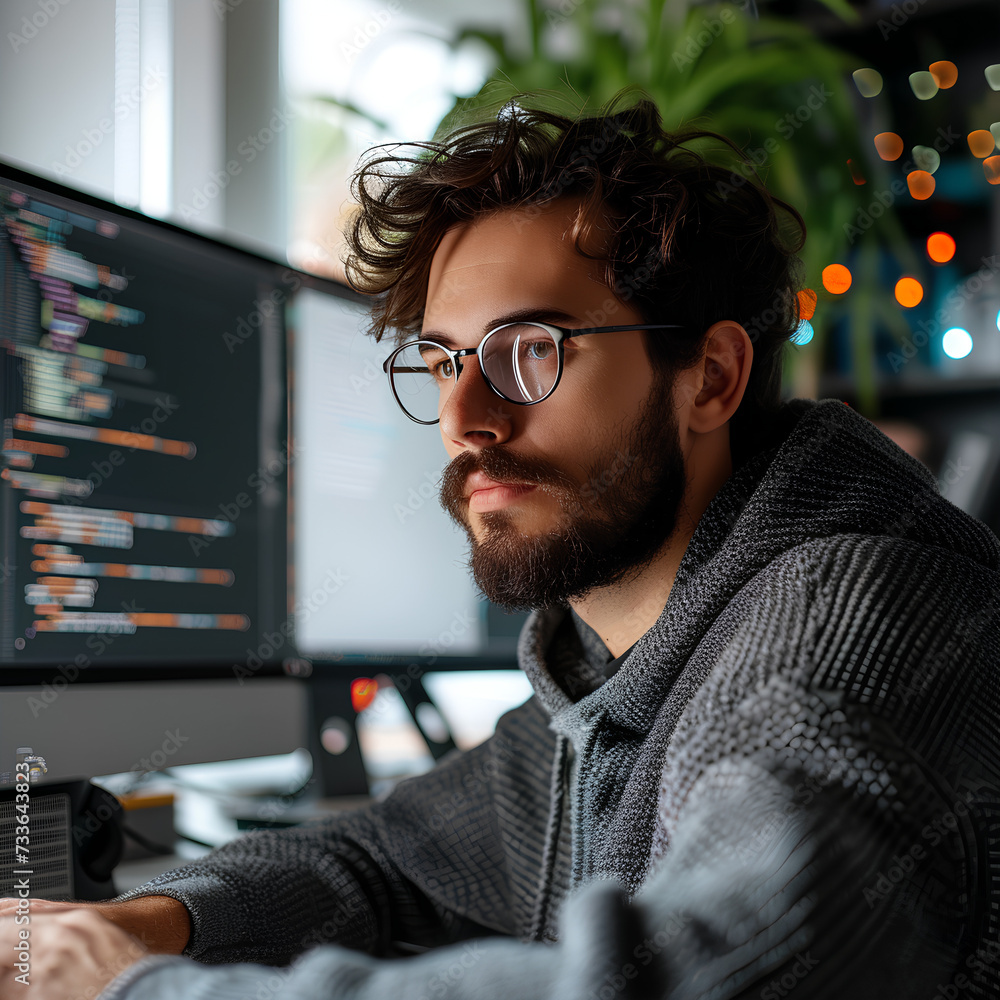 Poster a bearded man focused on coding on his computer screen