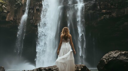 A woman in a white dress standing in front of a waterfall