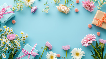 Spring composition with pink flowers and gift boxes on a blue background, top view. - obrazy, fototapety, plakaty
