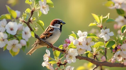 A sparrow bird sits on a blossoming branch of an apple tree.
