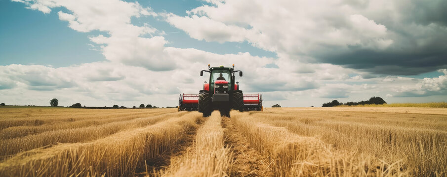 A tractor collects crops in the field.
