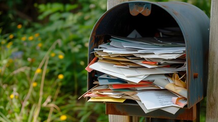 A rural mailbox is overflowing with an assortment of mail, including letters, bills, and various types of unsolicited mail, indicating either neglect or a busy recipient
