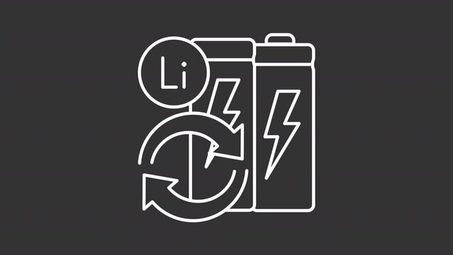 Batteries recycle animation library. Cells reusing animated white line icons. Accumulator recharging, energy storage. Isolated illustrations on dark background. Transition alpha. HD video. Icon pack