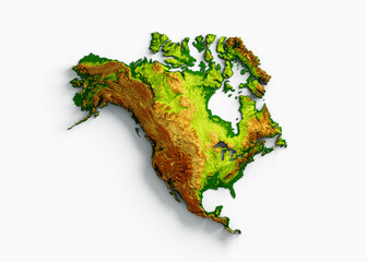 North America Map Shaded Relief Color Height Map On White Background 3d Illustration