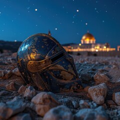 Naklejka premium Texture of an antique helmet in ancient kingdom times with a beautiful castle in the desert. Concept for background, decoration, wallpaper, kingdom, fantasy, imagination. Generative Ai