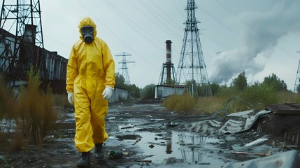A man in a yellow chemical protective suit walks among radioactive waste. Concept: environmental pollution, hazardous chemicals, damage control