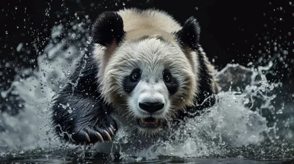 Schilderijen op glas panda in black background with water splash © Balerinastock