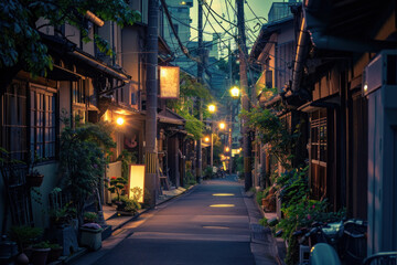 Fototapeta premium Tranquil street scene in evening light, showcasing urban peace and charm. Urban exploration and serenity.