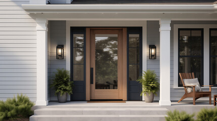 Modern Home Front Porch with Glass Door and Symmetrical Wall Sconces