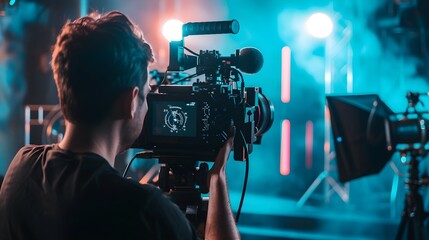 A film director directing a movie scene currently taking photos. 
