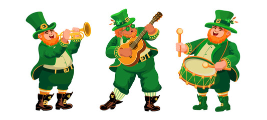 Three funny fat musicians in leprechaun costumes. People with a guitar, trumpet, drum. Cartoon characters in flat style isolated on white. Illustration for St. Patrick's Day, an Irish holiday. Vector.