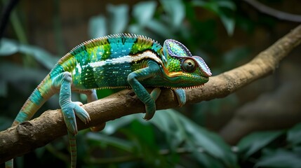 A chameleon sits on a tree branch. Exotic animal.