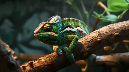 Foto op Canvas A chameleon sits on a tree branch. Exotic animal. © PSCL RDL