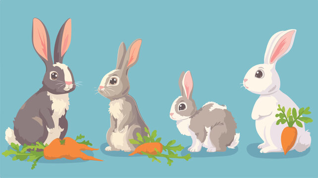 Set of rabbits with carrots and Easter Bunny.