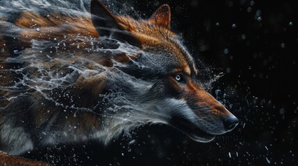 Obraz premium Fierce wolf head amidst water splash