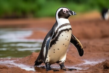 Fototapeta premium Curious african penguin exploring the beautiful savanna during a thrilling safari adventure