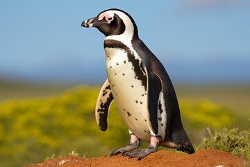 Obraz premium African penguin on safari. Discovering the wonders of the savanna on an exciting wildlife adventure. Wild nature