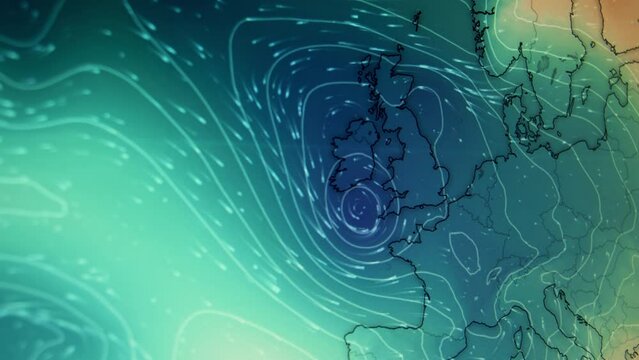 Pressure Cyclone Wind Europe. Shot of a computer screen monitor. Pixels visible. Moving camera shot of a computer screen. Weather wind satellite view map. Precipitations, temperature, air pressure.