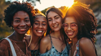 Fototapeta premium Empowering Women in Friendship and Business: Embracing Diversity at Sunset, Sunset Smiles: Women Embracing Cultural Diversity and Friendship