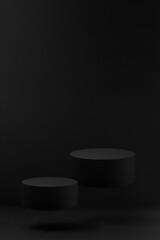 Two black round soaring podiums, set, mockup on black background, shadow. Template for presentation cosmetic products, gifts, goods, advertising, design, display, showing in exquisite modern style.