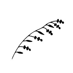 Doodle illustration decorative small branch with berry and leaves. Monochrome doodle style elements isolated on white background. Hand drawn sketch.