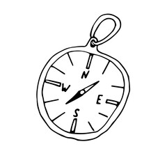 Doodle illustration with small simple hiking compass. Navigation instrument. Camping equipment. Monochrome doodle style elements isolated on white background. Hand drawn sketch.