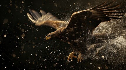 Obraz premium Eagle in flight with dynamic water splash on dark background