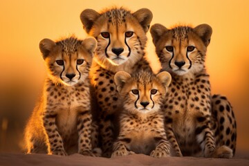 Graceful pride cheetah family with cubs roaming in the wild amidst the breathtaking safari landscape