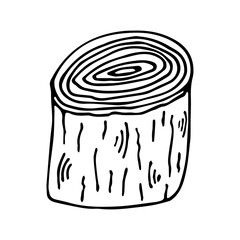 Doodle illustration with large tree cut.The texture of tree with rings on log. Monochrome doodle style elements isolated on white background. Hand drawn sketch.