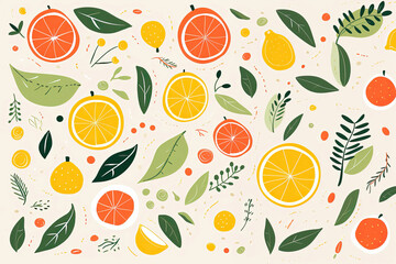 Colorful background with fruits, leafs. Summer pattern
