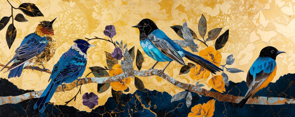 Pop art collage. Blue birds in the jungle on gold background. Wildlife concept