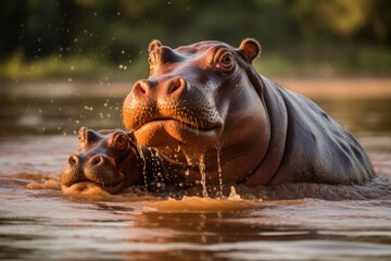 Hippos in african safari. family enjoys lake in stunning national park landscape